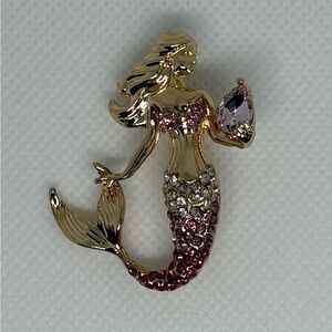 Stunning Mermaid Rhinestone Brooch Pin Gold Tone Pink & Purple Mermaidcore